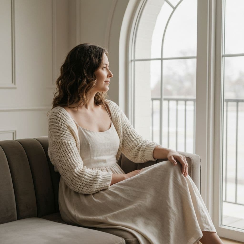 Kvinde i behagelig sweater der kigger ud af vinduet